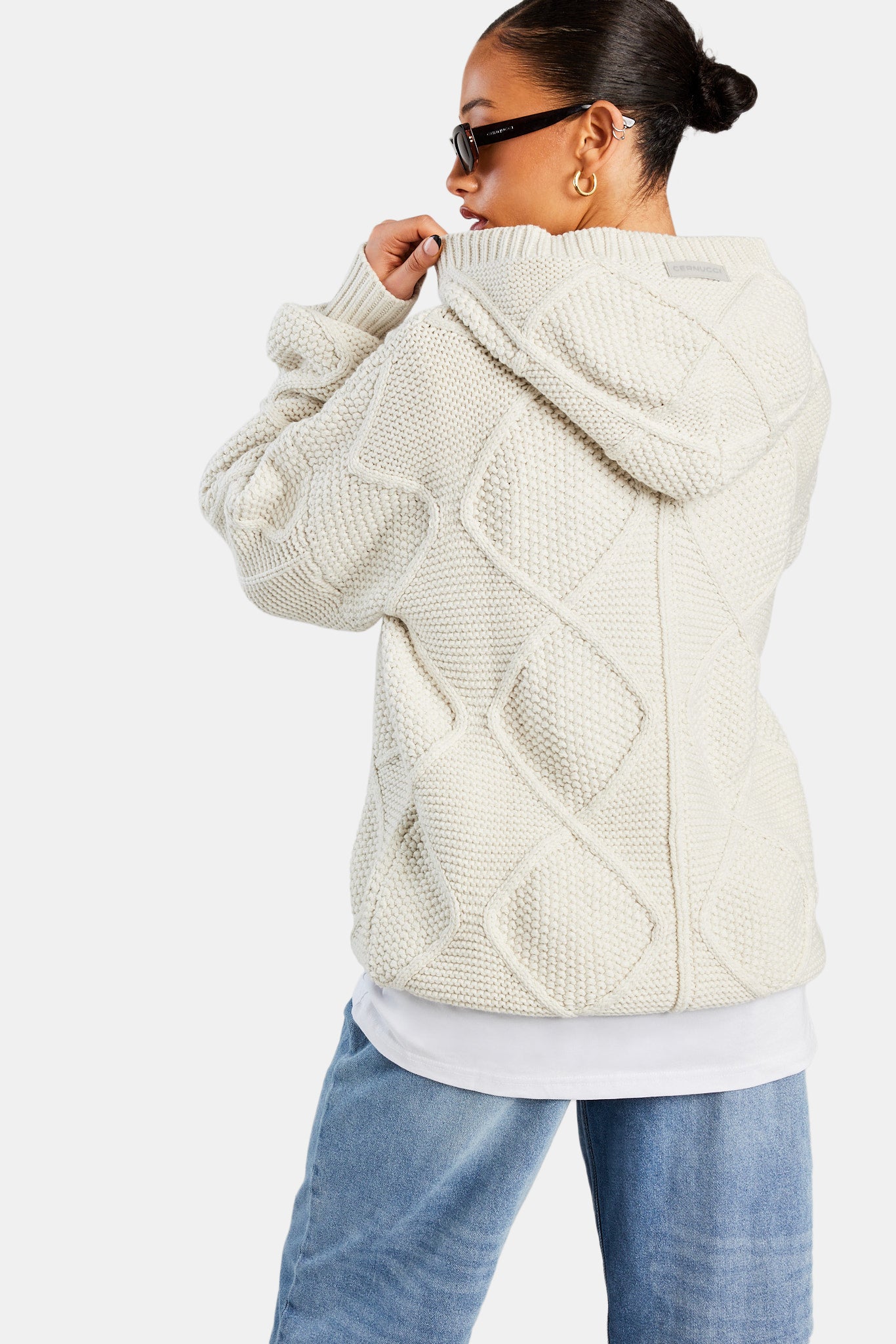CCC College-Kapuzenpullover mit Zopfmuster für Damen – Ecru